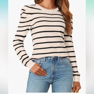 MEROKEETY Striped Long Puff Sleeve Tops Casual Crew Neck Knit Sweater